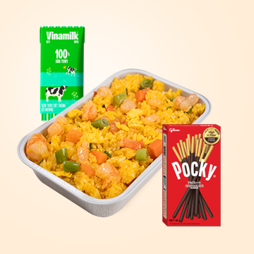 Seafood fried rice + 1 Pocky biscuit sticks + Fresh milk 180ml<br><strong>Price: 120,000 VNĐ</strong>