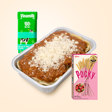 Spaghetti Bolognese + 1 Pocky biscuit sticks + Fresh milk 180ml<br><strong>Price: 120,000 VND</strong>